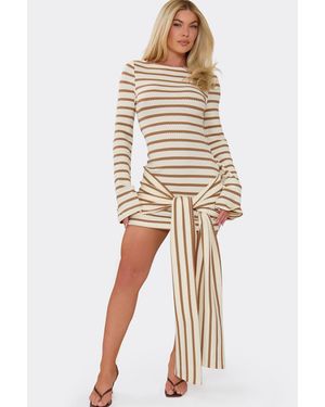 EGO Long Sleeve Striped Textured Mini Dress - Natural