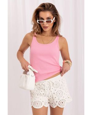 Love Lace Ribbed Cotton Round Neck Sleeveless Vest - Pink