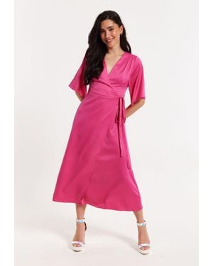 Liquorish Satin Maxi Wrap Dress With Kimono Sleeves - Pink