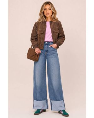 Rebellious Fashion Sharlene Mid Waist Stretch Denim Turn Up Wide Leg Jeans - Blue