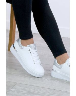 AJVANI Low Wedge Heel Crystal Flat Chunky Sole Lace Up Glitter Trainers - Blue