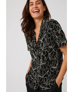DAMART Short Sleeve Embroidered Linen-Blend Blouse - Black