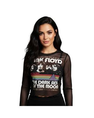 Pink Floyd Vintage Mesh Stripes Long-Sleeved Crop Top - Black