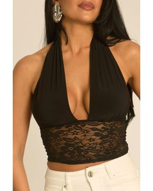 Rebellious Fashion Lace Halterneck Top - Black