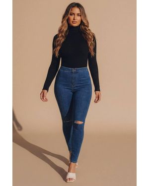 Femme Luxe High Waisted Skinny Jeans With Rip Detail - Blue