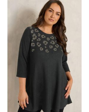 Evans Leopard Print Embellished Top - Black