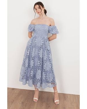 Maya Deluxe Bardot Puff Short Sleeve Lace Midi Dress - Blue