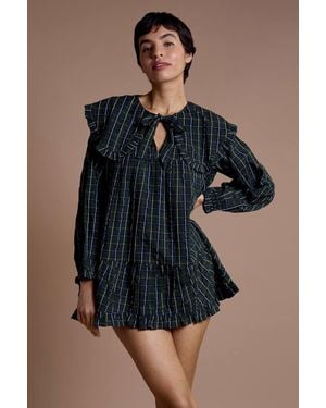 Neon Rose Cotton Tartan Check Oversized Collar Dress - Black