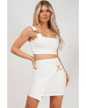 Stylewise Buckle Detail Wrap Over Skirt & Crop Top - White