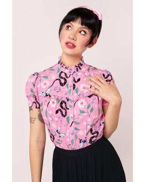 Hell Bunny Boheme S Print Blouse With Puff Sleeves & Frill Detail - Pink