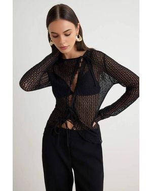WOVCOR Asymmetric Tie Detail Long Sleeve Fitted Blouse - Black