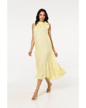 Liquorish Linen Tie Neck Tiered Maxi Dress - Yellow