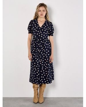 Apricot Polka Dot Button-Down Midi Dress - Blue
