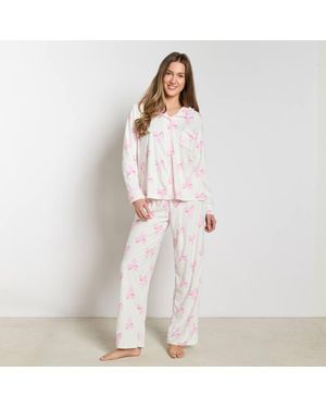 OHS Bow Print Matte Velvet Button Through Pyjama Set Nightwear - White
