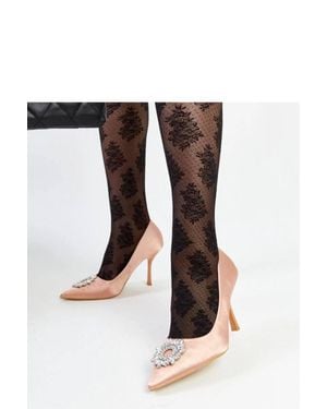 KDMD Rhinestone Satin High Heel Court Shoes Pointed Toe Slip On Evening - Black
