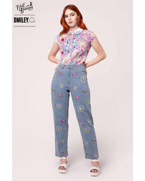 Hell Bunny Lottie Daisy Embroidered High Waist Denim Jeans With Straight Leg Fit - Blue