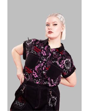 Hell Bunny Riot Pointed Collar Rolled Cuffs Shirt - Black