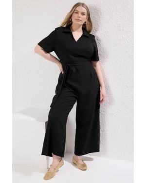WOVCOR Tie Waist Wide Leg Jumpsuit W/ Collared Neck Detail - Black