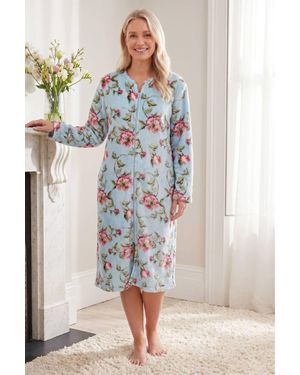 CAMILLE Luxurious Supersoft Zip Up Floral Bathrobe - Blue