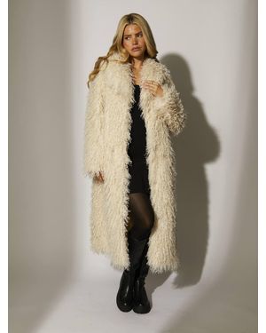 South Beach Mongolian Faux Fur Lapel Long Line Coat - Natural