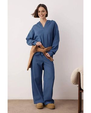 WOVCOR Hooded Button Placket Cotton Waffle Knit Wide Leg Loungewear Set - Blue