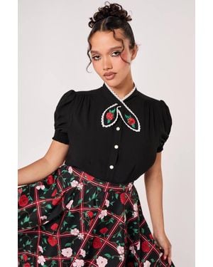 Hell Bunny Kayla Rose Embroidered Tie Neck Puff Sleeve Blouse - Black