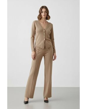 Stylewise Long Sleeve Button-Up Top & Wide Leg Trouser Co-Ord Set - Natural