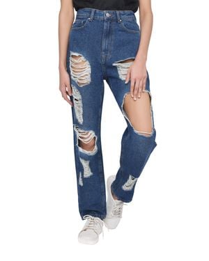 Smart Living High-Waisted Multi-Rip Mom Jeans - Blue