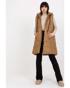 Love Lace Quilted Down Vest Extended Zip Hood Pockets - Natural