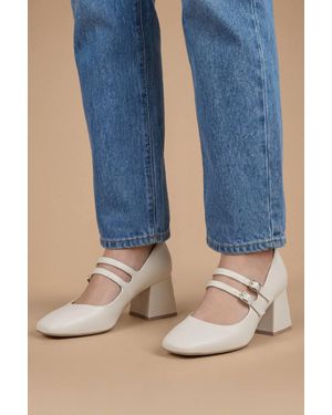 Dorothy Perkins Wide Fit Dawn Double Mary Jane Mid Block Heel Faux Leather Court Shoes - Blue