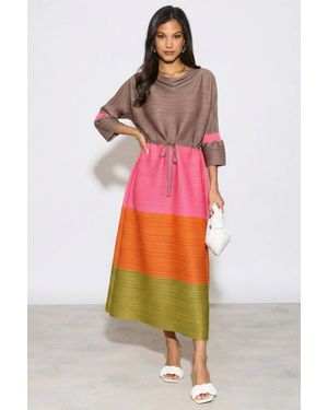 CY Multi-Colour Pleated Midi Dress With Adjustable Waist - Red