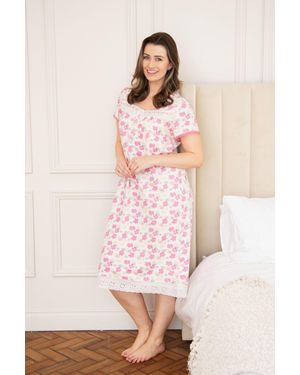 CAMILLE Lightweight Jersey Cotton Short Sleeve Floral Nightdresses - Pink
