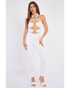 Stylewise Spring Coil Cut Out Halter Neck Bodycon Jumpsuit - White