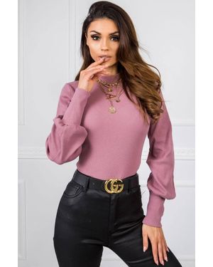 KDMD Long Sleeve Ribbed Blouse With Cuffed Sleeves - Pink