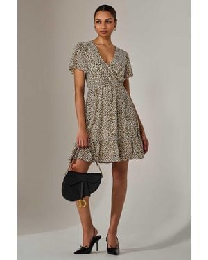 Jolie Moi Chiffon Short Sleeve Tie Waist Mini Dress - Brown