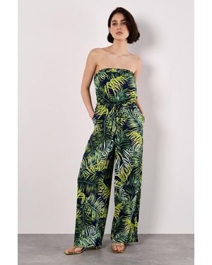 Apricot Bandeau Leaf Wide Leg Jumpsuit - Green