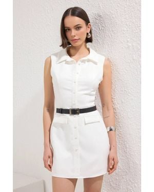 WOVCOR Belted Shirt Collar Wide Leg Playsuit - White