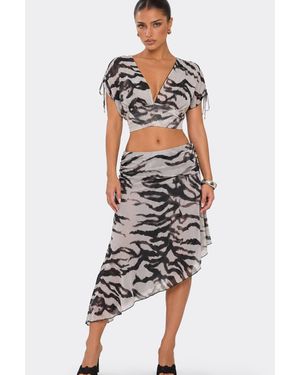 EGO Asymmetric Hem Asymmetric Hem Animal Print Mid Rise Midi Skirt - White