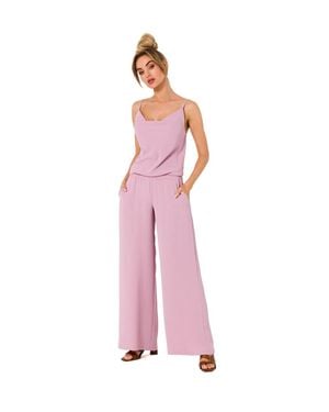 Love Lace Strappy Elasticated Waist Jumpsuit With Pockets - Pink