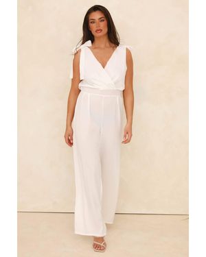 Femme Luxe Drape Detail V Neck Ruched Shoulder Open Hem Jumpsuit - Natural