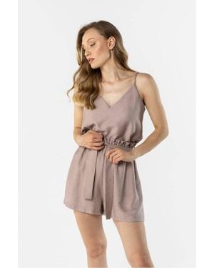 Love Lace Satin Finish V Neck Loose Fit Strappy Top - Natural