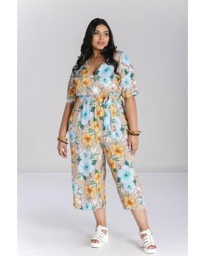 Hell Bunny Pattaya Floral Viscose Wrap Jumpsuit Wide Leg Culottes & Tie Waist - White