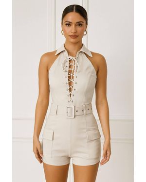 Stylewise Lace-Up Front Cargo Playsuit With Matching Belt - White