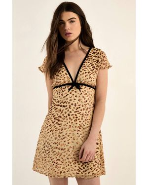 Nasty Gal Animal Devore Ribbon Trim Cap Sleeve Mini Dress - Natural