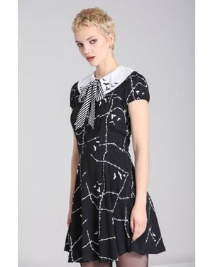 Hell Bunny Stitches Bat Print Mini Dress With Embroidered Collar & Tie Neck - Black