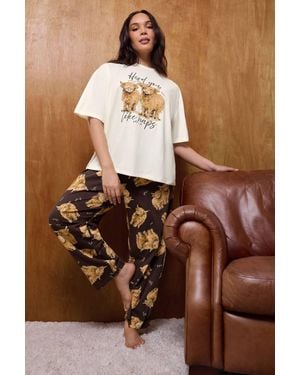Yours 'Herd You Like Naps' Highland Cow Pyjama Set - Brown
