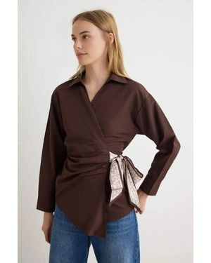WOVCOR Collared Long Sleeve Wrap Detail Blouse - Brown