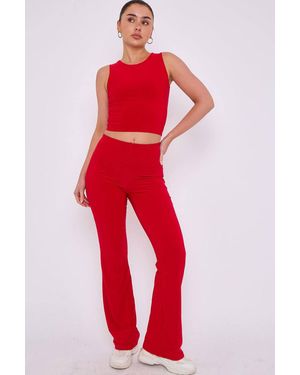 Stylewise Slinky Crop Top & Flare Trouser - Red