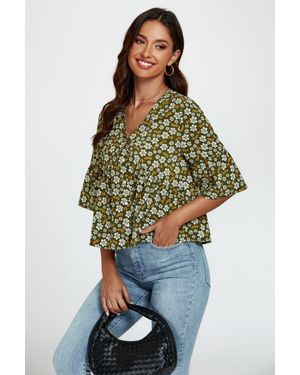 FS Collection Floral Print Short Sleeves Crop Top - Blue