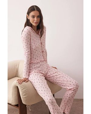 WOVCOR Floral Print Cotton Knit Pyjama 2-Piece Set W/ Bow Detail - Pink